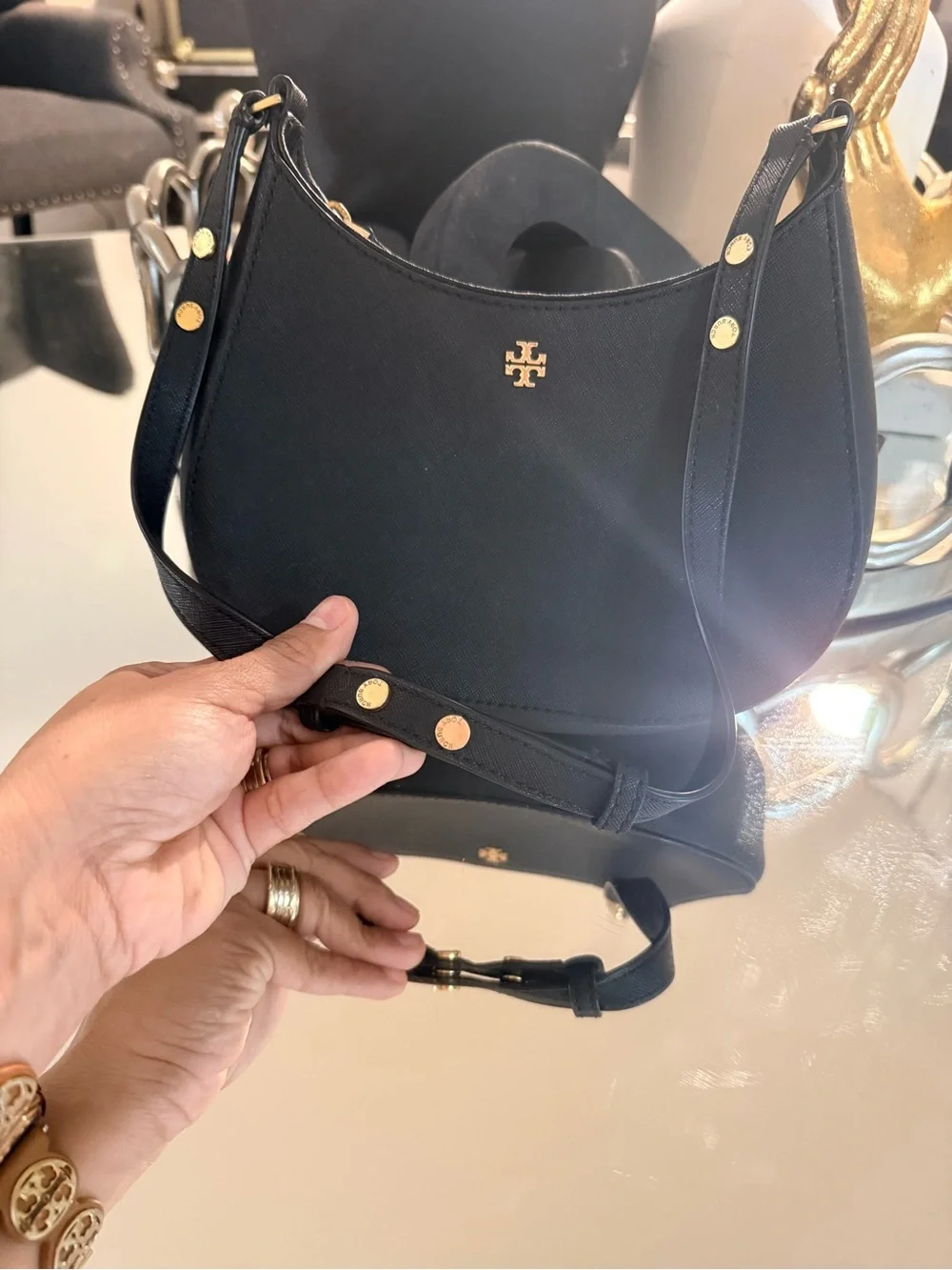 Tory Burch Black emerson  Saffiano Crescent Shoulder Bag with Gold Hardware